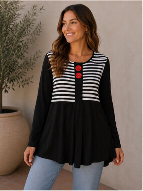 Women's Costa Black & White Striped Tunic Top S with Red Buttons Summer